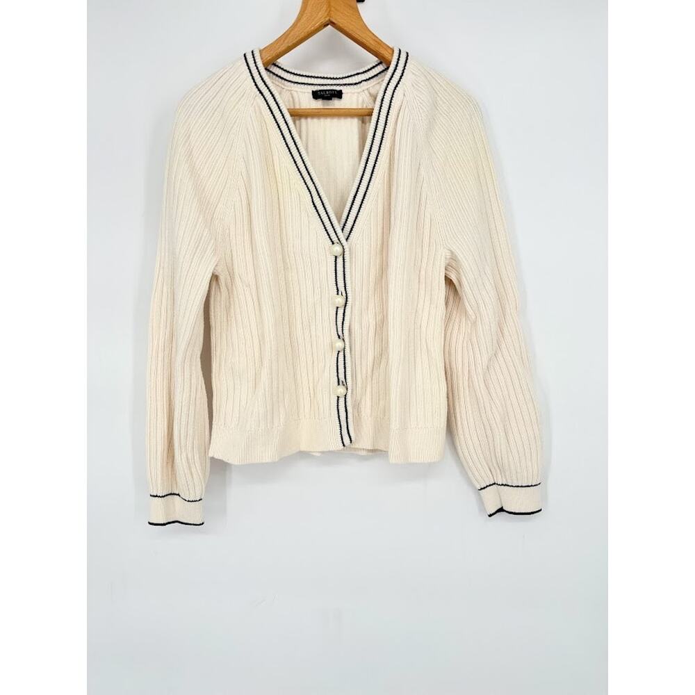 Talbots Cardigan Sweater MP Cream Faux Pearl Buttons Old‎ Money Preppy Varsity